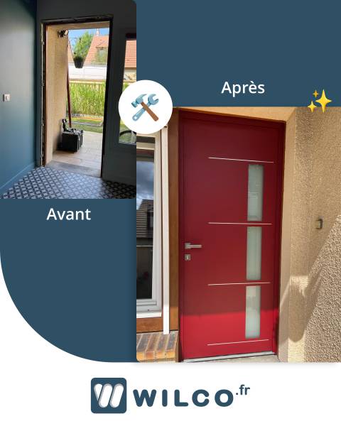 Avant / après porte d'entrée mixte aluminium et bois en rouge Portes d'entrée mixte : avant / après porte d'entrée mixte aluminium et bois en rouge. Wilco Yvelines 78