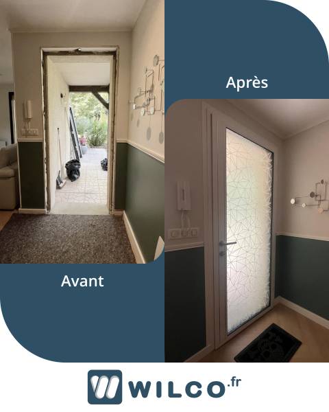 Portes d'entrée en aluminium : porte d'entrée vitrée luminescence de k-line - avant / après. Wilco Yvelines 78