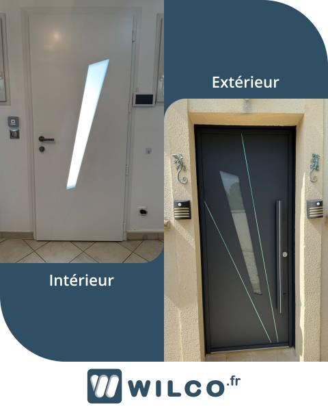 Portes d'entrée en aluminium : porte d'entrée alu grise perspective k-line - intérieur / extérieur. Wilco Yvelines 78