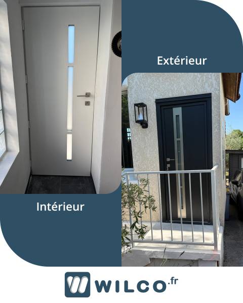 Portes d'entrée en aluminium : porte d'entrée en aluminium grise k-line - intérieur / extérieur, avec décors. Wilco Yvelines 78